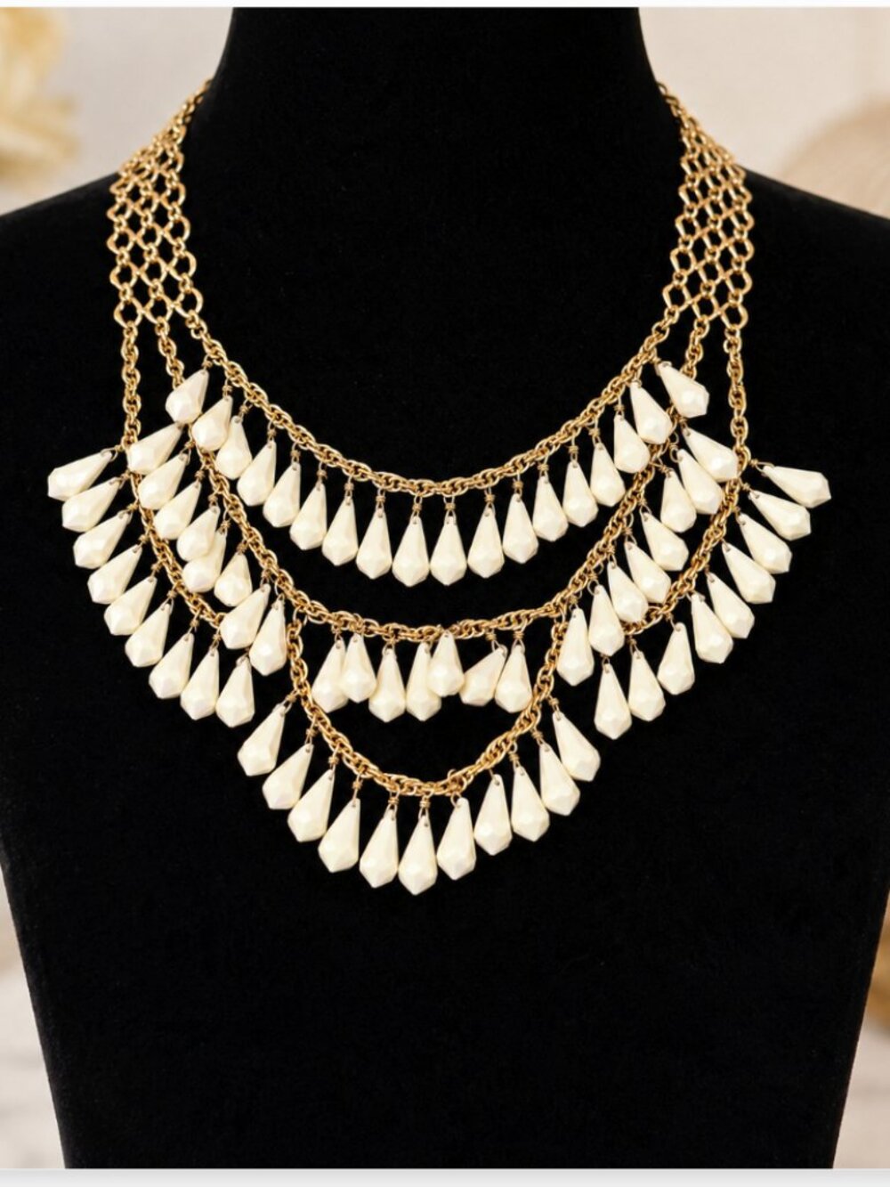 Kate Spade New York Gold Tone Multi Strand Ivory Teardrop Statement Bib Necklace
